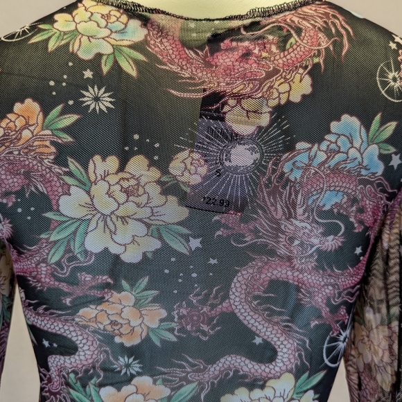 Rue21 Black Sheer Long Sleeve Dragon Print Mesh One-Piece Bodysuit (1-xs & 1-s) - Picture 7 of 13